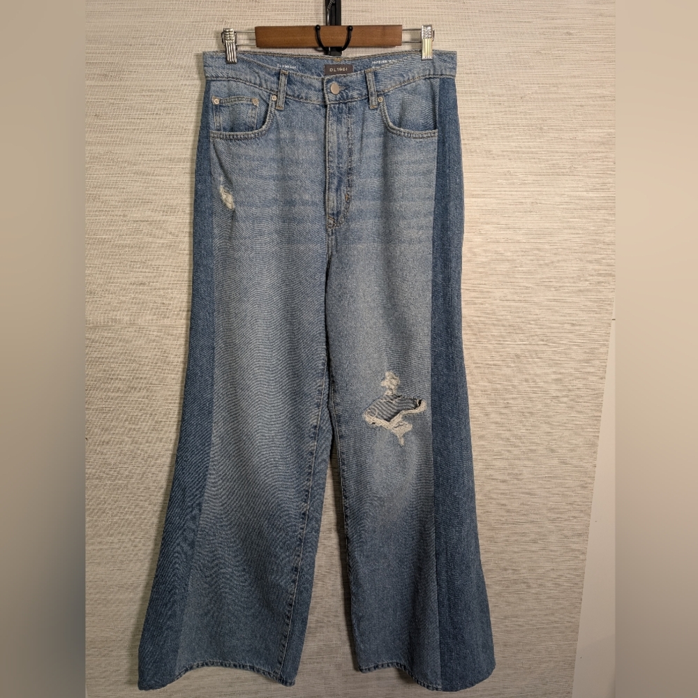 DL1961 Hepburn High Rise Wide Leg Vintage Upcycled Light Distressed 2 Tone Jeans